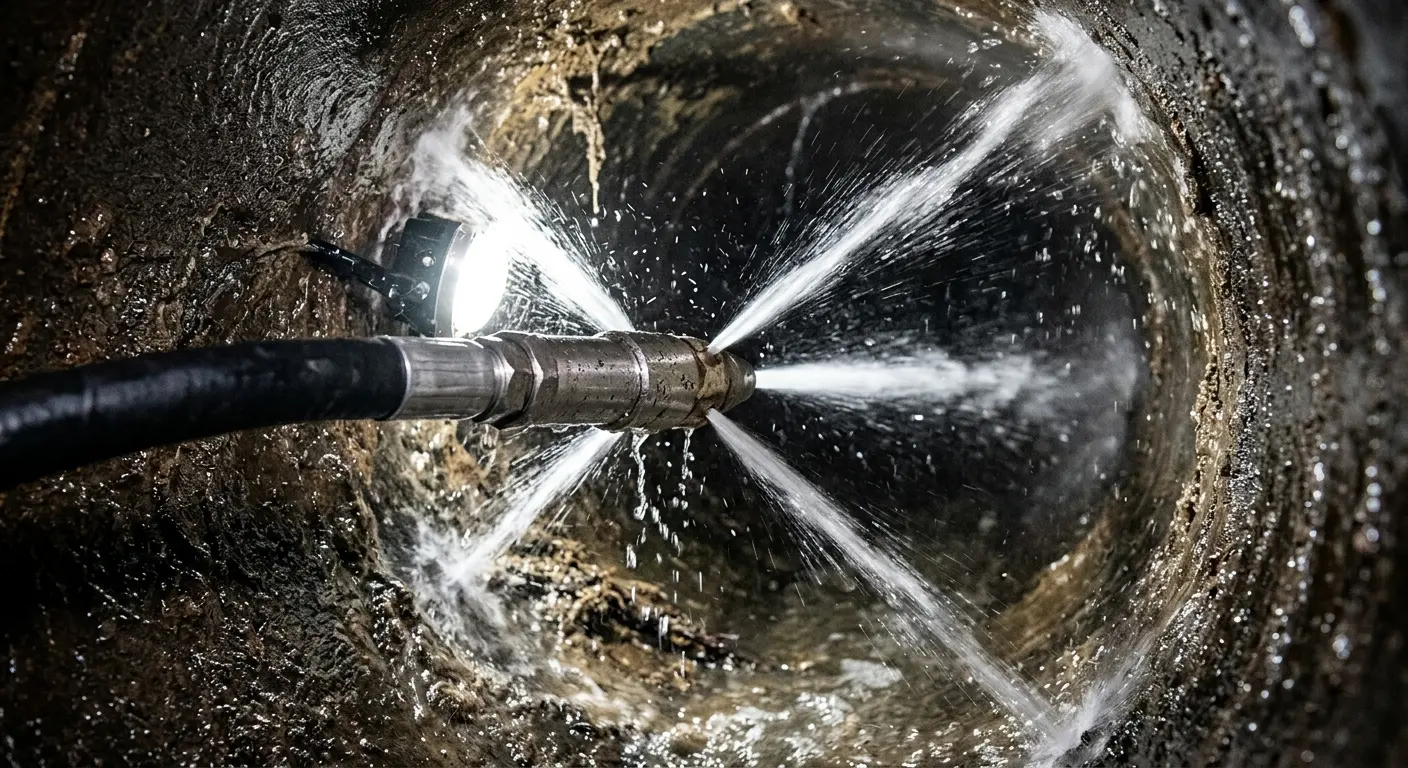 High-pressure hydro jetting nozzle cleaning sewer pipe for Trenchless Sewer Repair in Cold Spring