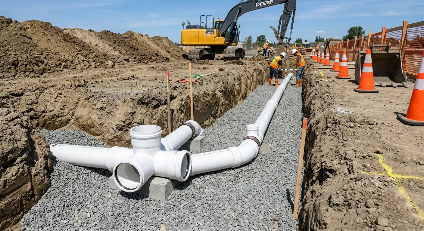 New PVC sewer pipe installation in open trench for Commercial Drain Cleaning in Cold Spring