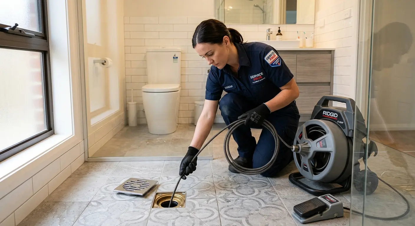 Technician clearing a bathroom floor drain for Drain Repair in Cold Spring